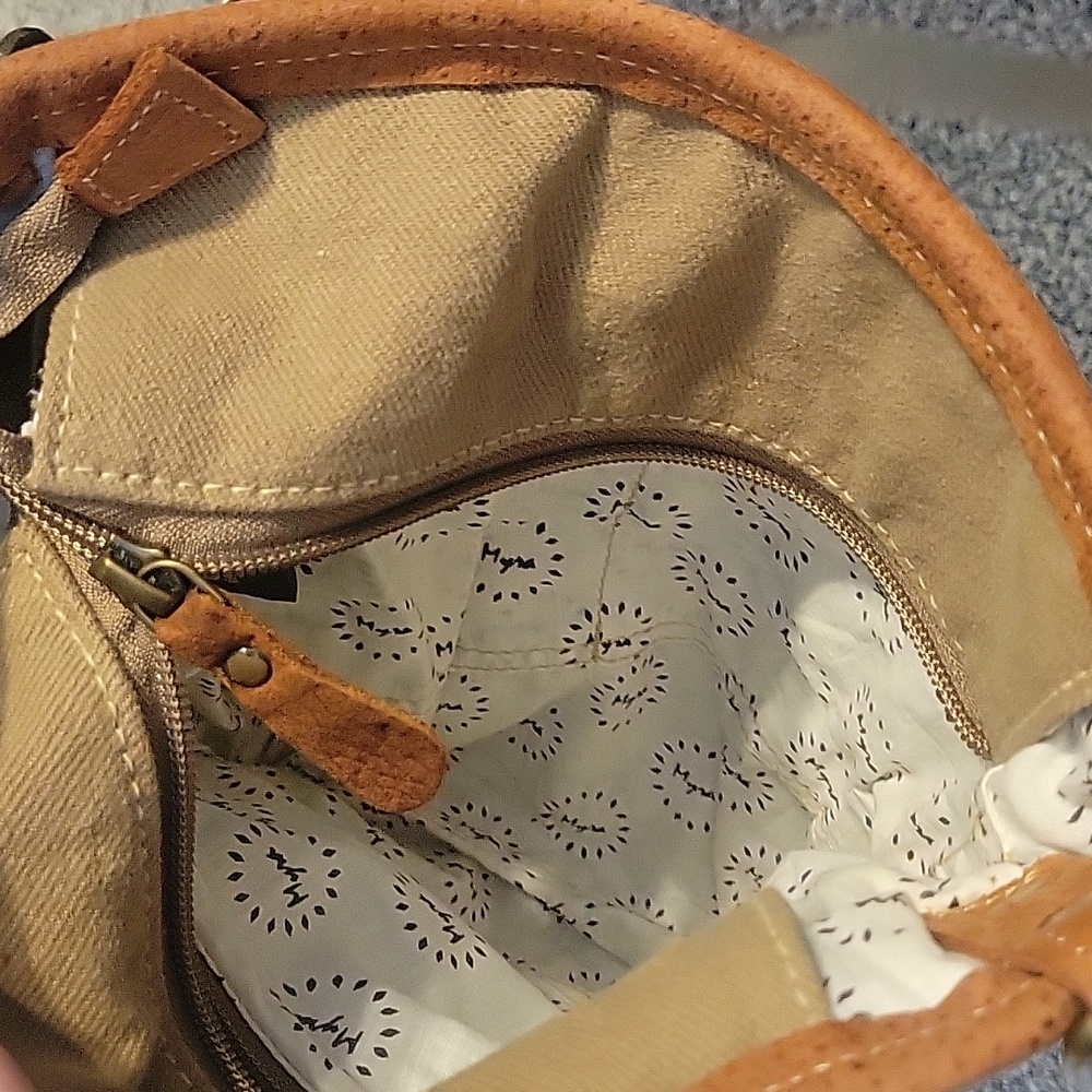 Myra Bag Cotton Vegan Leather Boho Brown Cream Crossbody Bag adjustable strap - Picture 4 of 5